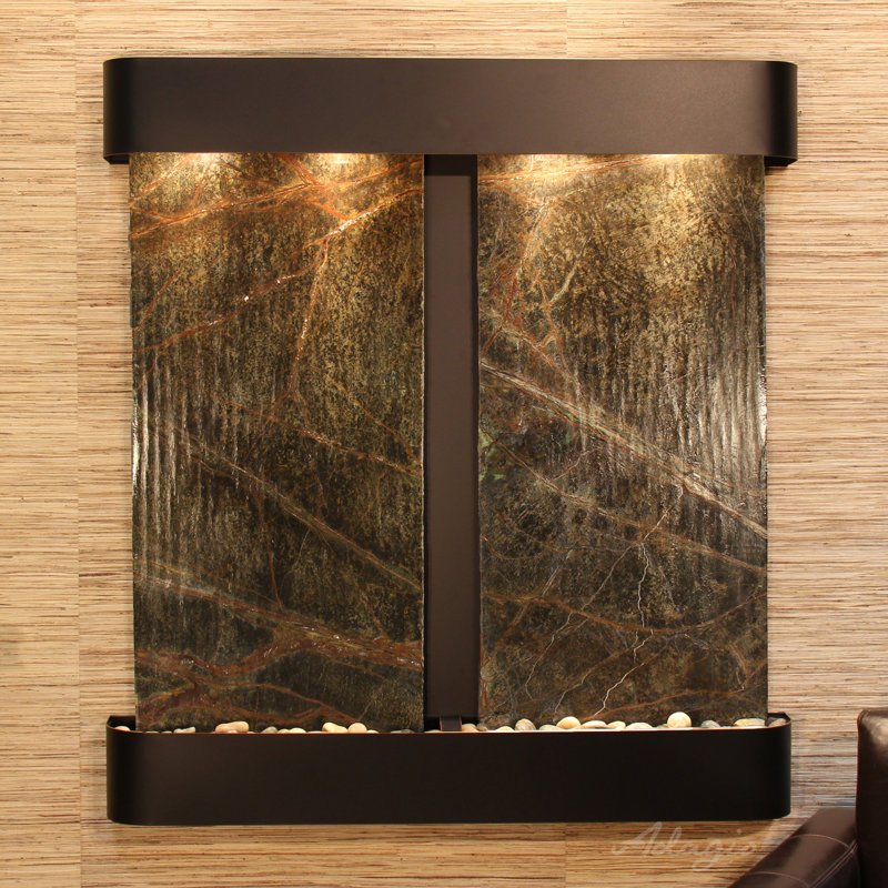 Handcrafted Indoor Natural Stone Waterfall Fountain with Lights, Blackened Copper, Rainforest Green Marble