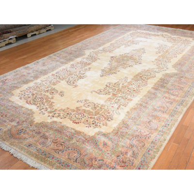 11'7"x22'2" Parchment White, Vintage Persian Kirman, XL, Thick and Plush, Mint Condition, Clean, 100% Wool Pile, Hand Knotted, Oversized, Oriental Rug