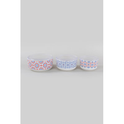 Ensemble de boîte de rangement en céramique de qualité supérieure (6 pièces), antibactérien et écologique, comprend 3 couvercles en plastique | Tailles: 4,7 po (535 ml), 5,5 po (750 ml), 6,3 x 6,3 x 3,0 po (1200 ml) | Design élégant rouge, blanc et bleu, lavable au lave-vaisselle