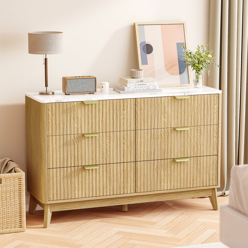 47" Wooden Buffet Cabinet With Faux Marble Top & Fluted Chest Of Drawers With Curved Edges