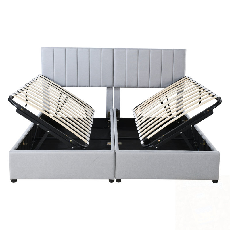 Platform Bed Upholstered Platform Bed Included Two Twin Size Beds, Hydraulic Storage Systems And Vertical Stripe Headboard