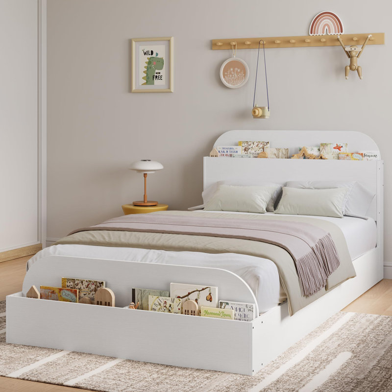 Structure de lit avec tête et pied de lit avec rangement, lit plateforme bas pour la chambre à coucher, aucun sommier requis, blanc