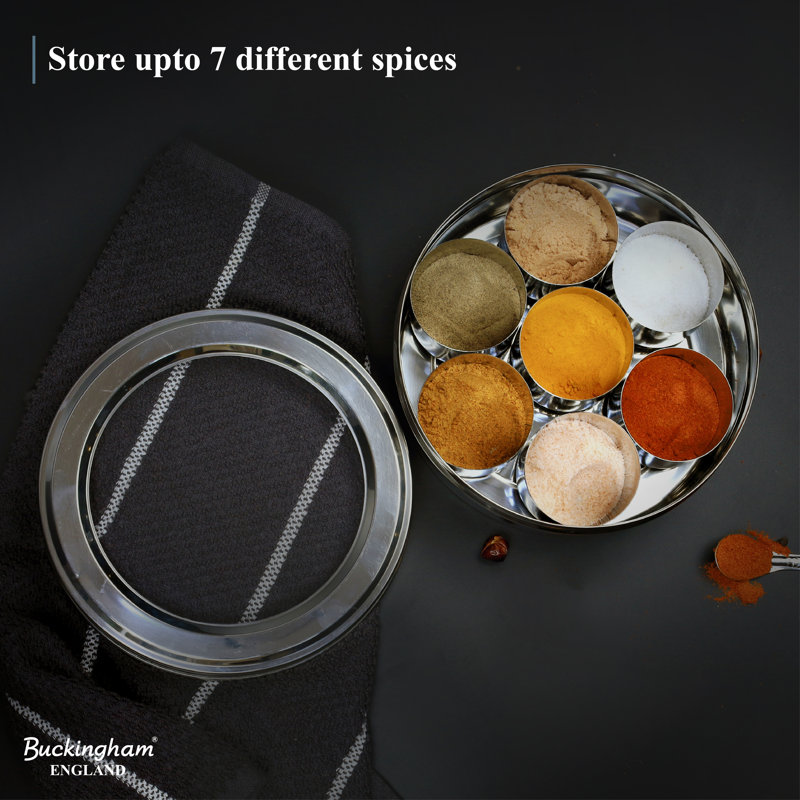 Buckingham Stainless Steel Masala Dabba Indian Spice Box with Airtight Lid , 16 cm 