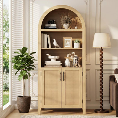 Modern 63" Arched Bookcase with Rattan Doors, 5-Tier Display Storage Cabinet & Open Shelf for Home Office, Living Room, Brown
