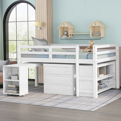 Low Study  Loft Bed With Cabinet ,Shelves And Rolling Portable Desk ,Multiple Functions Bed-