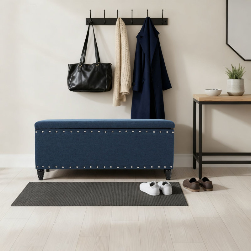 Elegant Polyester Fabric Upholstered Storage Bench Entryway Bench Bedroom End of Bed Bench, Navy Blue