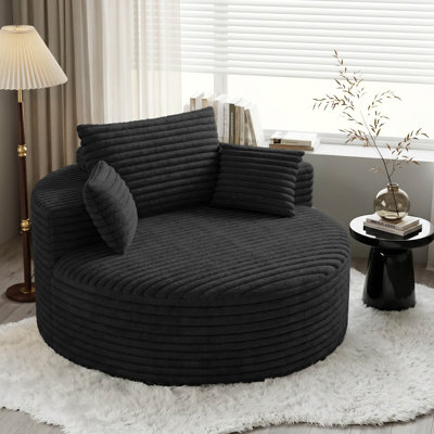  50" Oversized Round Chaise Lounge Chair Indoor, No Assembly Required Upholstered Corduroy Cloud Circle Chair in Black