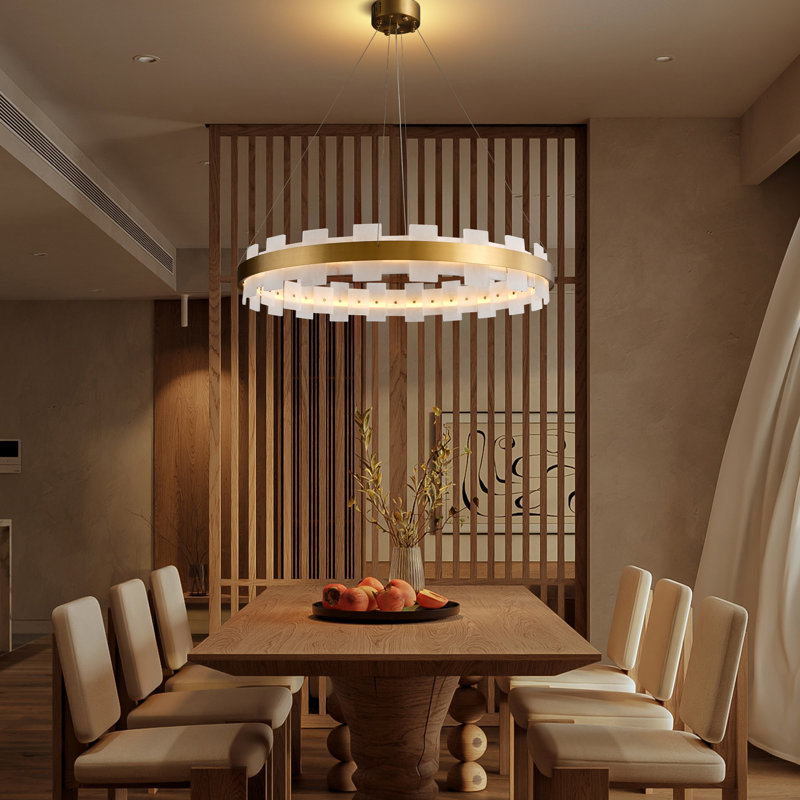 Modern 31" Led Strip Kitchen Island Alabaster Round Gold Chandelier Ceiling Light Copper Light Fixture, 8 Lights