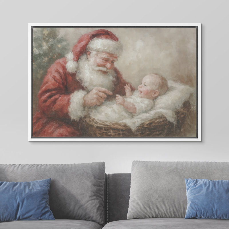 Père Noël et bébé, décoration de chambre à thème de Noël, arbre de Noël, reproduction d'art sur toile encadrée, Blanc