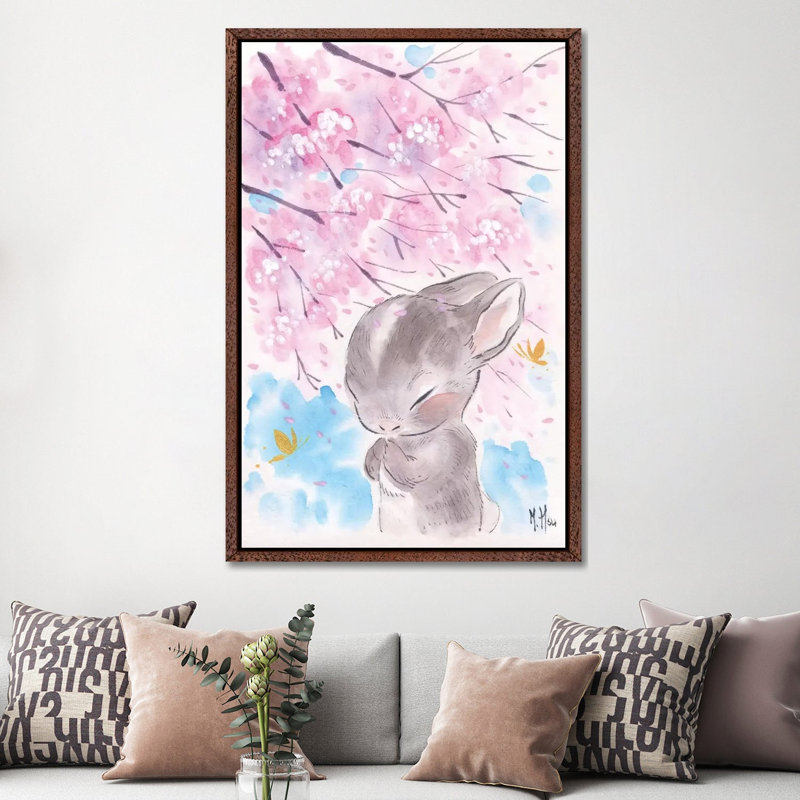 Cherry Blossom Wishes - Cottontail by Martin Hsu - Painting on Canvas, 152.5 cm H x 101.5 cm W, Classic Brown Wood Framed