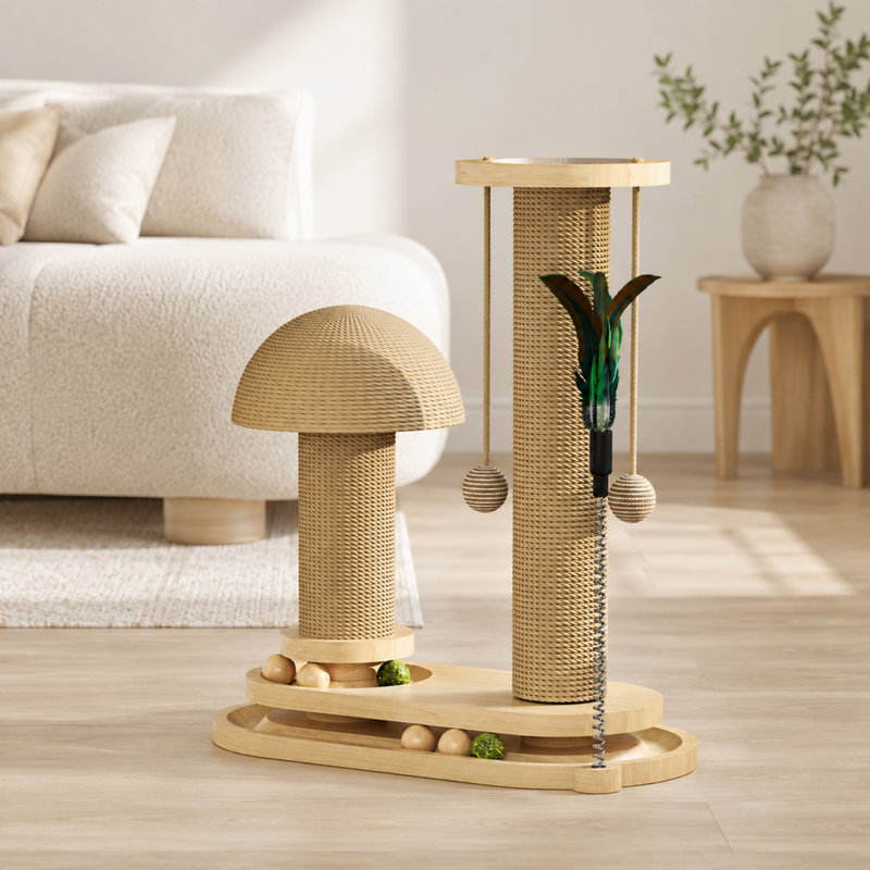 Poteau à griffer en bois massif avec boules et jouets en plumes, 17,7 po x 8,7 po x 16,3 po