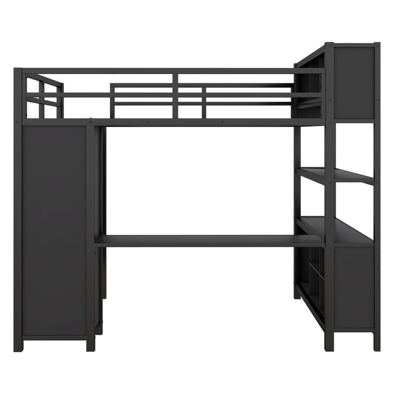 Lit mezzanine en métal avec garde-robe, bureau et rangement