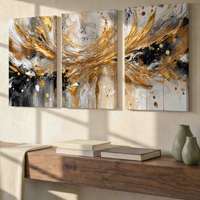 3 Pieces Exculisive White Gold and Charcoal Fluid Impasto Abstract Large Wall Art Luxe Panorama, Canvas Decor for Living Room, Bedroom and Office