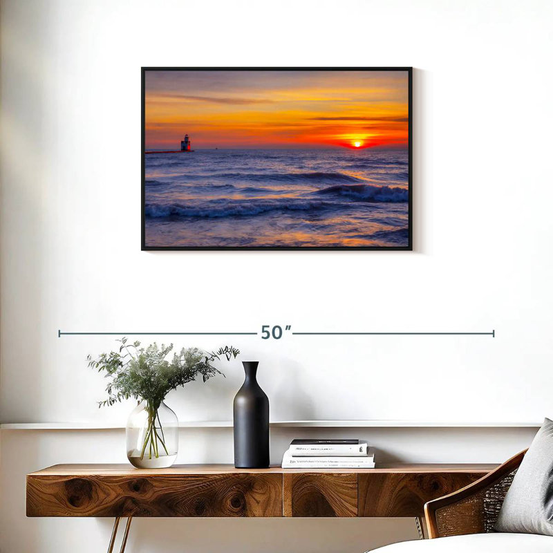 Phare sur le lac Michigan, Cadre flottant noir, 31 po x 21 po