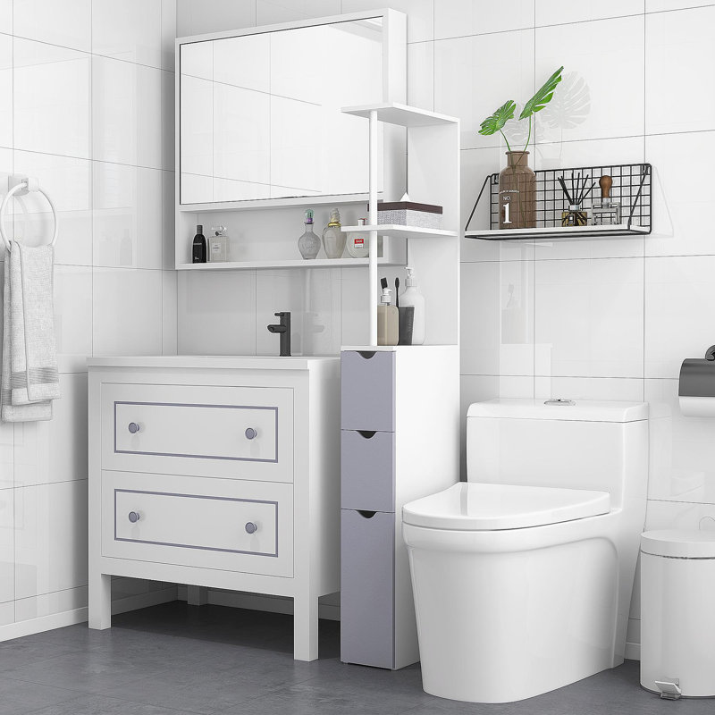 Armoire de rangement pour salle de bain de 54 po de hauteur, tour à linge autoportante avec tablette à 2 niveaux et tiroirs, rangement pour plancher étroit, blanc