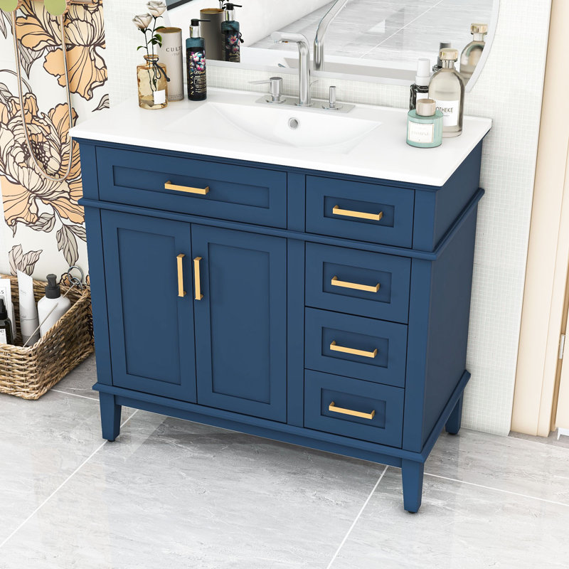 Meuble-lavabo simple autoportant en bois moderne avec lavabo en céramique et grand rangement, Bleu