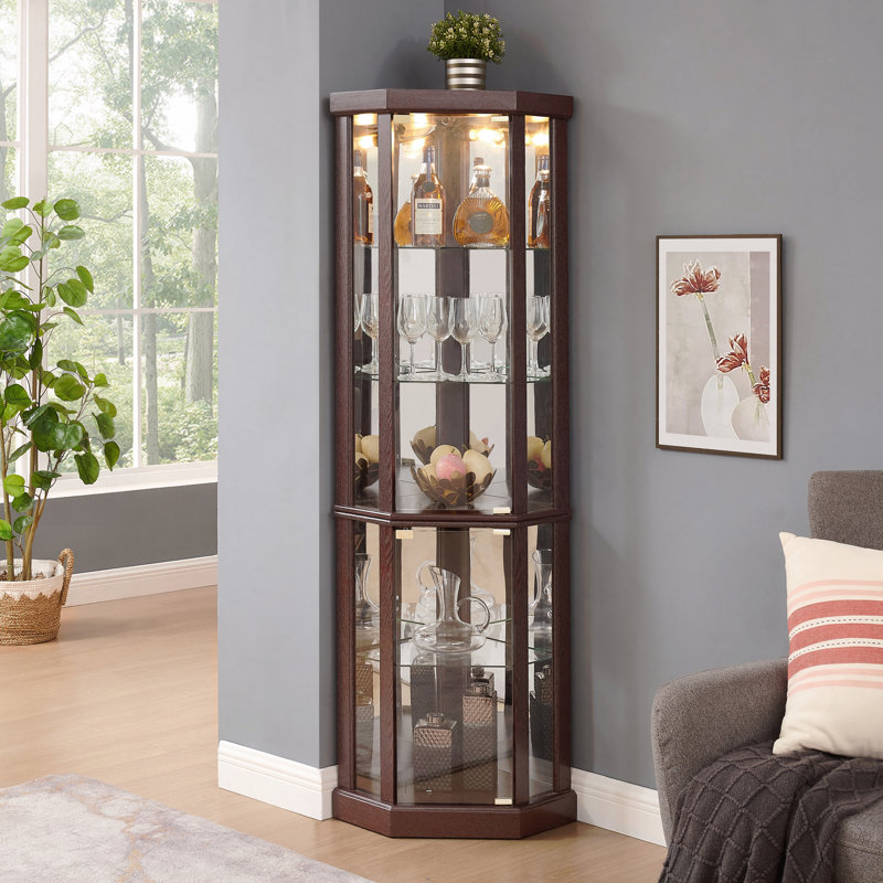 Antique Glass Corner Cabinet, Elegant Display Case For Living Room & Bar Storage, For Collections & Wine, Brown