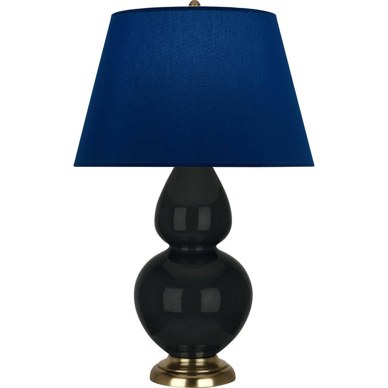 Lampe de table double gourde en céramique, Obsidienne vernie / laiton, Bleu marine/gris, Laiton