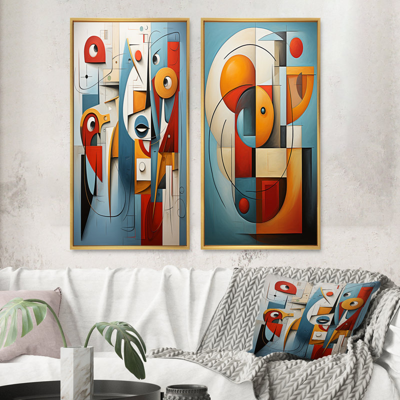 «Cubism Geometric Portrait», 2 pièces sur toile, Encadrement doré, H 40 po x l 40 po