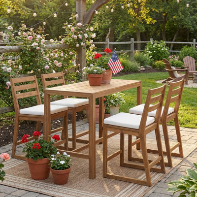 Ensemble de bar de patio rustique 5 pièces, ensemble de table de patio et chaises avec chaises ergonomiques, plateau de table à lattes en bois massif pour piscine, balcon, cour