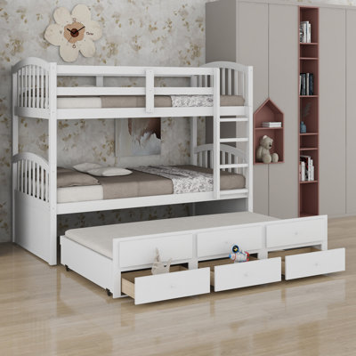 Modern Bunk Bed with Ladder, Safety Rail,  Trundle Bed and 3 Drawers for Bedroom or Guest Room