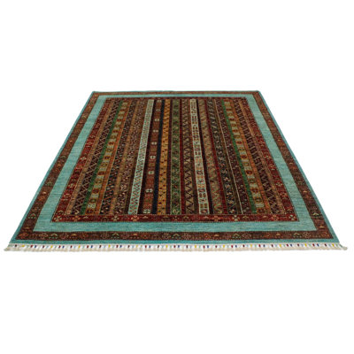 6x8 Multicolor and Green Turkish Tribal Rug