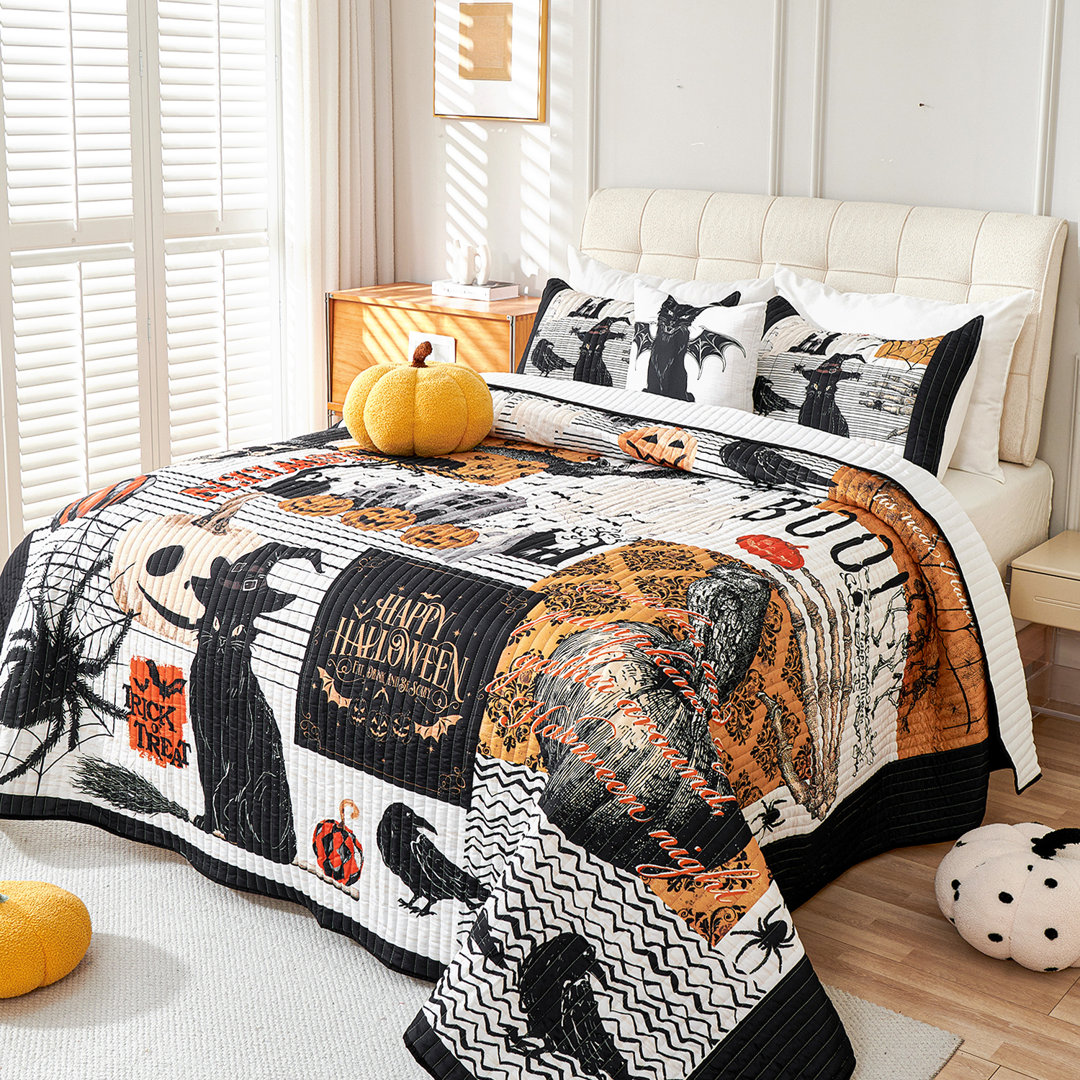 3 Piece 90"x90" Halloween Quilt Set Bedspread Set, Halloween Themed Reversible Bedding Set Evenhug 