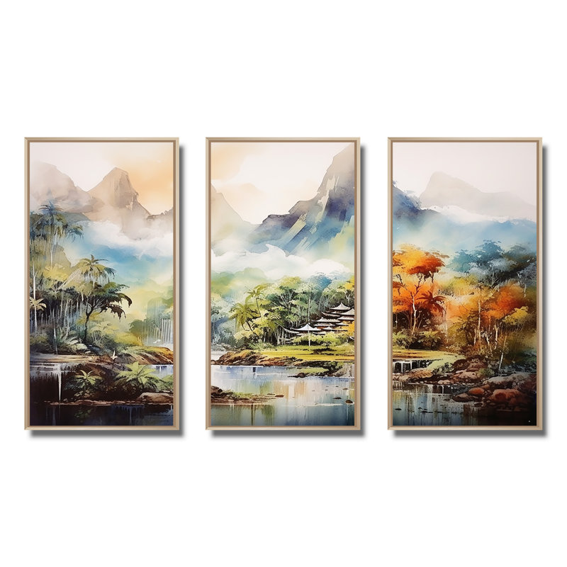 Paysage de montagne indonésien - Art mural Indonésie, H 28 po x l 36 po, Cadre flottant brun