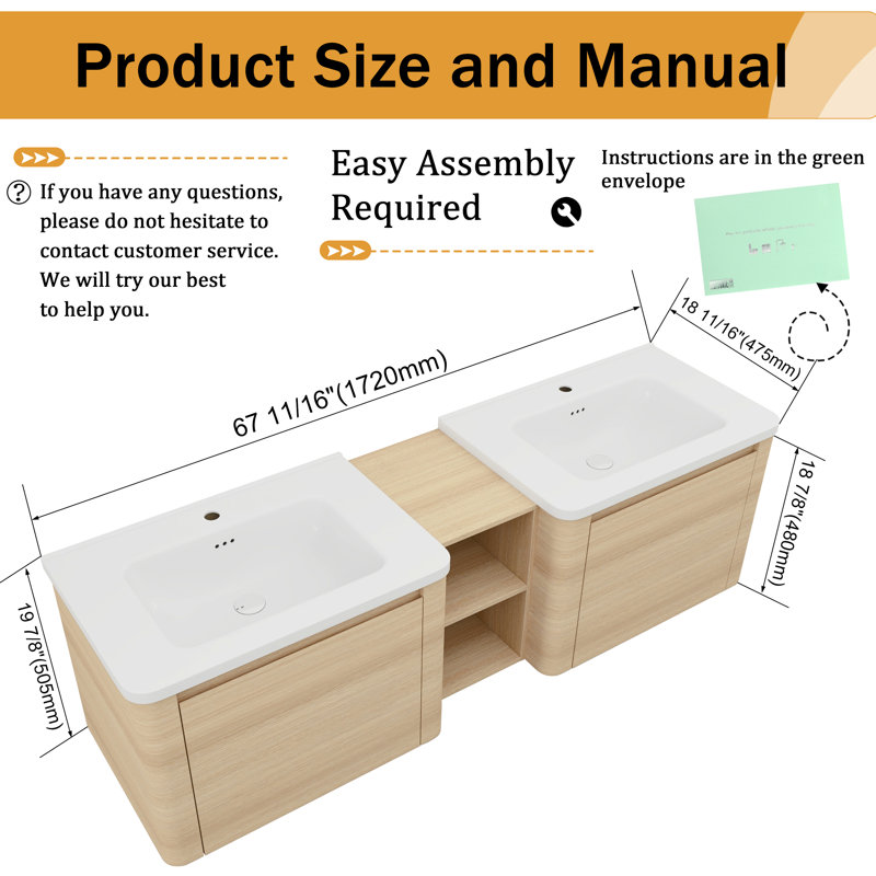 Ensemble de meuble-lavabo double 68 po avec plateau en céramique Narnby, Chêne blanc, 68"