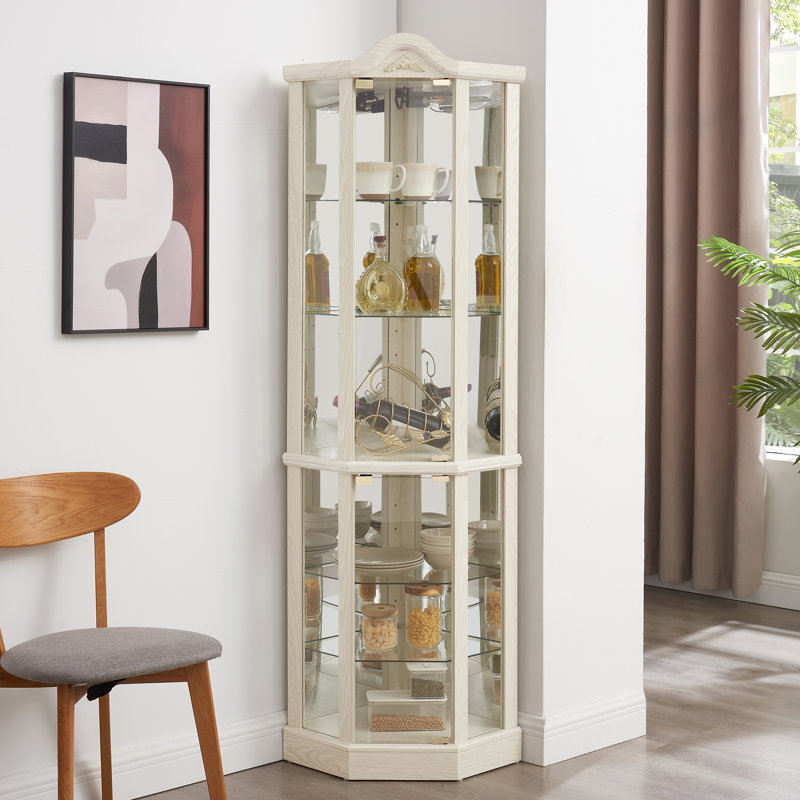 Vitrine d'angle vitrée lumineuse avec tablettes réglables et armoire à vin sculptée parfaite pour la maison ou le bureau-BLANC