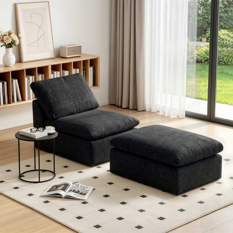 Fauteuil une place sans accoudoirs en chenille avec repose-pieds et coussin pour salon ou appartement, Black