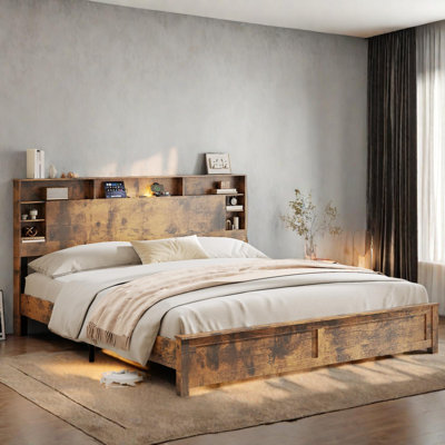 Wood Bed Frame with Storage, Charging Station & LED Lights, King Size, No Box Spring Needed