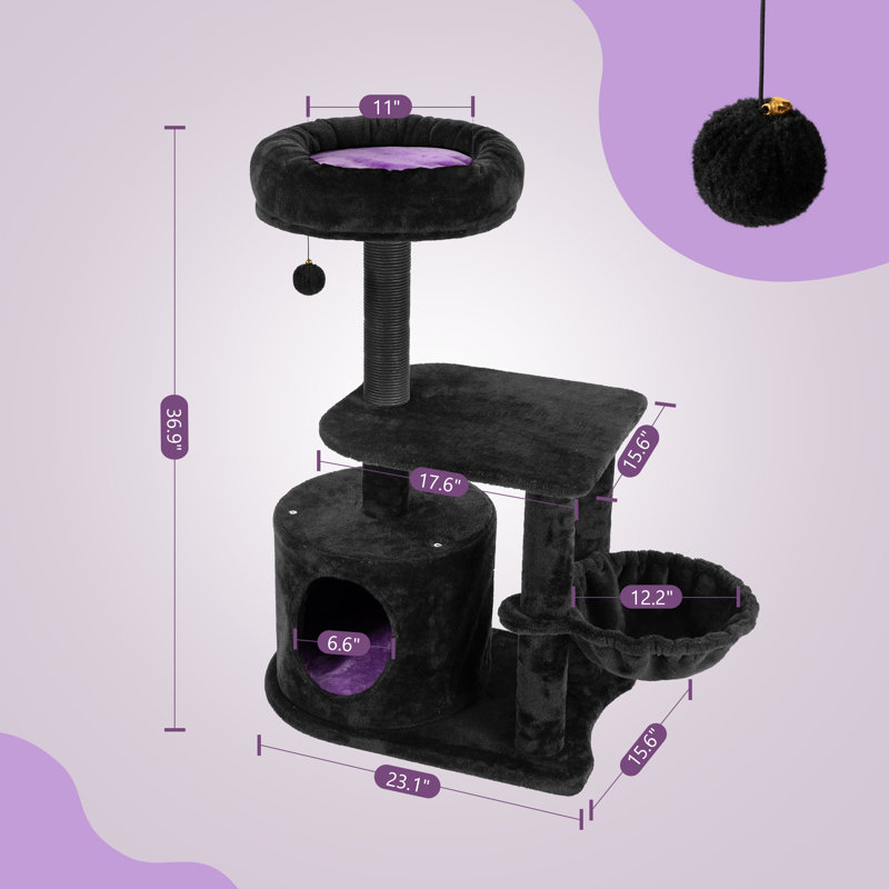 36.8" Black Velvet Gothic Cat Tree with Scratching Posts