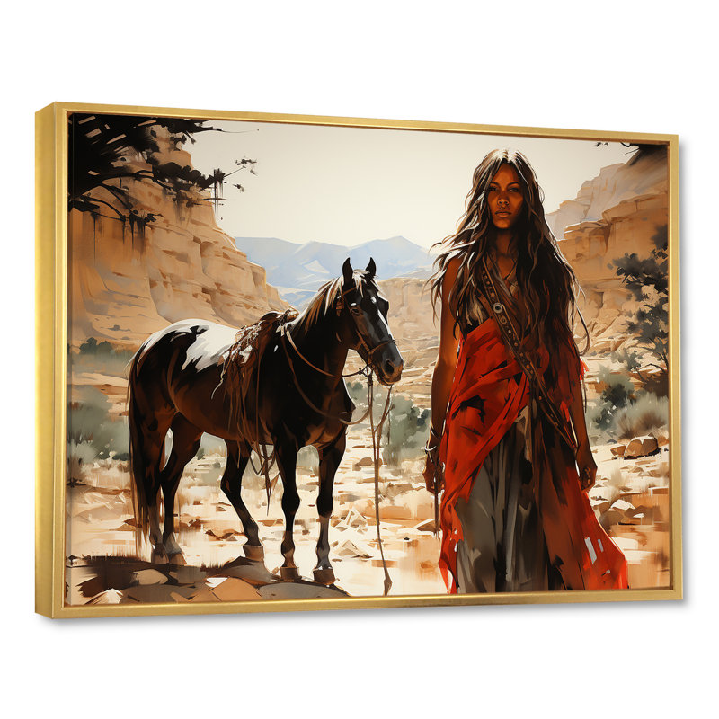 «Native American Warriro Canyon Echoes», art mural sur toile, Cadre flottant doré, H 24 po x l 32 po x P 1 po