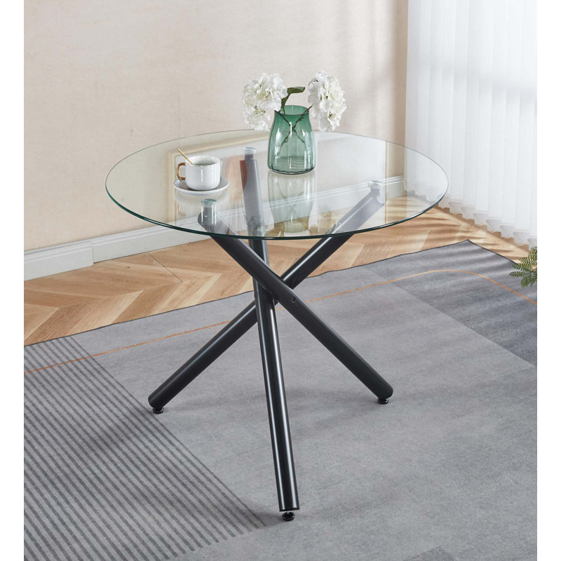 Table de salle à manger ronde avec pieds en métal et verre trempé, table de cuisine moderne peu encombrante, Noir