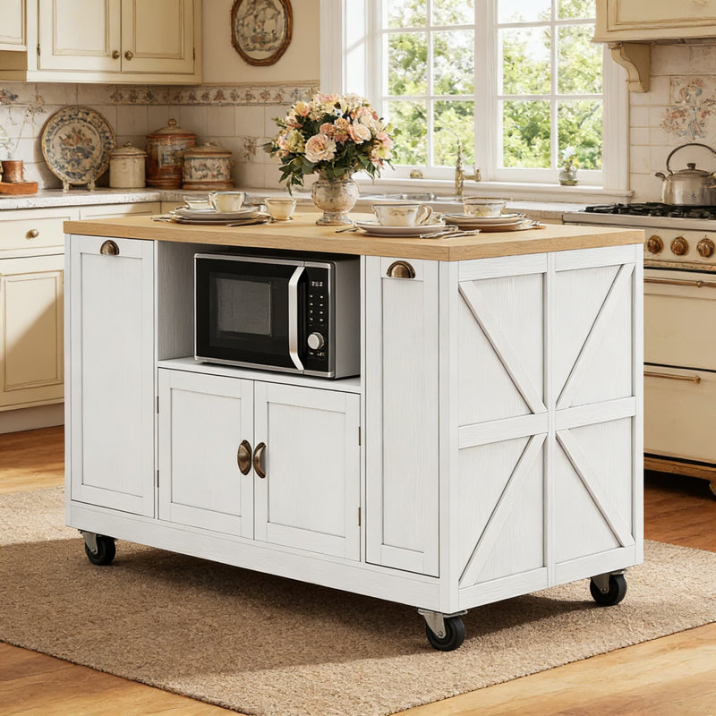 Îlot de cuisine avec rangement et prise de courant, grand chariot roulant avec lumières DEL intégrées, étagère à épices coulissante, armoire à poubelle et rangement pour micro-ondes