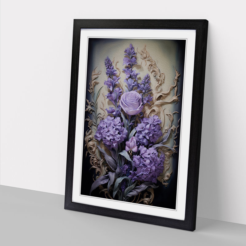 Lavender Flower Baroque No.3 - Single Picture Frame Print on Wood, Black, 34cm H x 25cm W x 2cm D