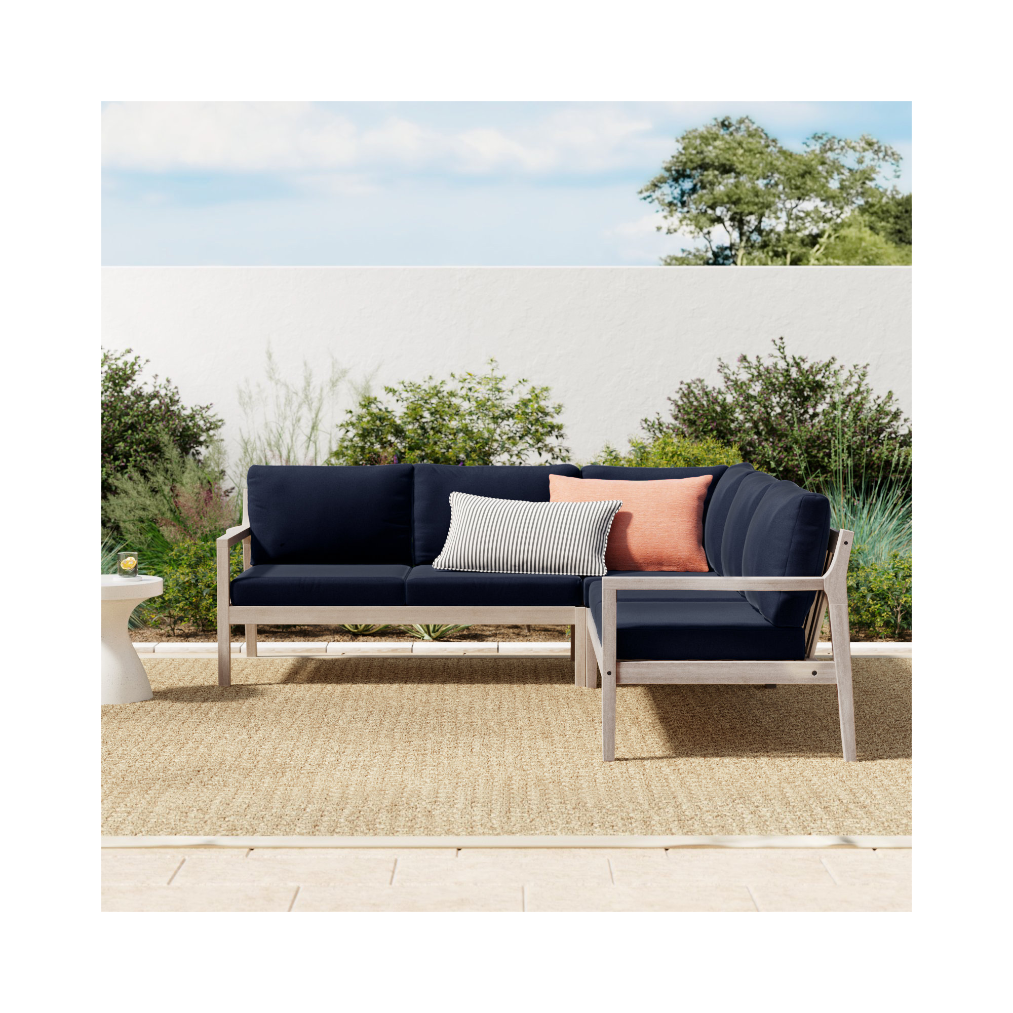 Amina 3 Piece Outdoor Acacia L Shape Sectional , Navy