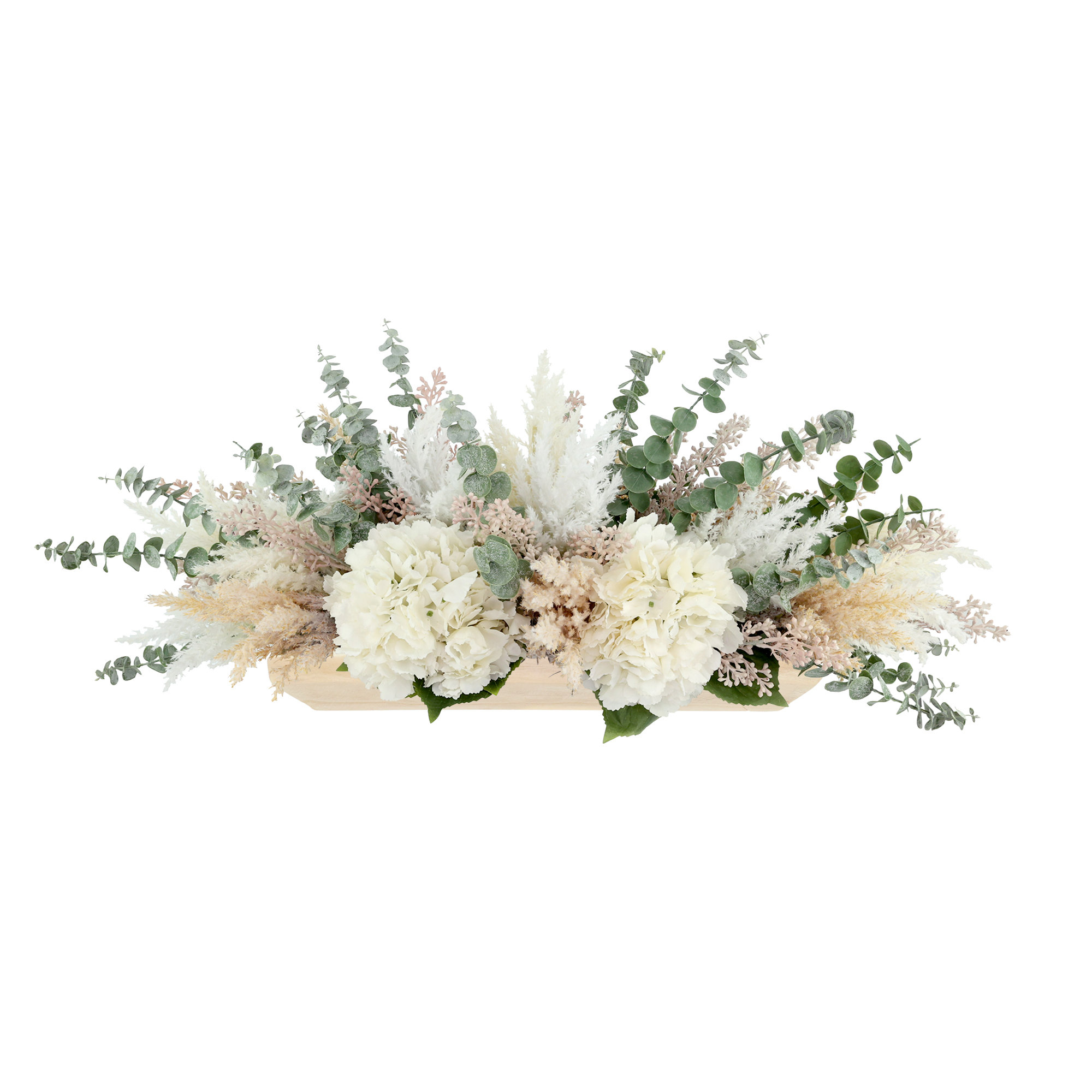 Hydrangea, Pampas and Eucalyptus Arrangement in Wooden Bowl, Brown