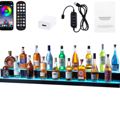 Tablette lumineuse 60 "à 2 marches pour affichage de bouteilles de boissons alcoolisées, radiofréquences et contrôlées, superbe performance d'éclairage avec 60 perles de lampe par mètre, 7 options de couleurs statiques et 22 dynamiques, plusieurs modes de bricolage,