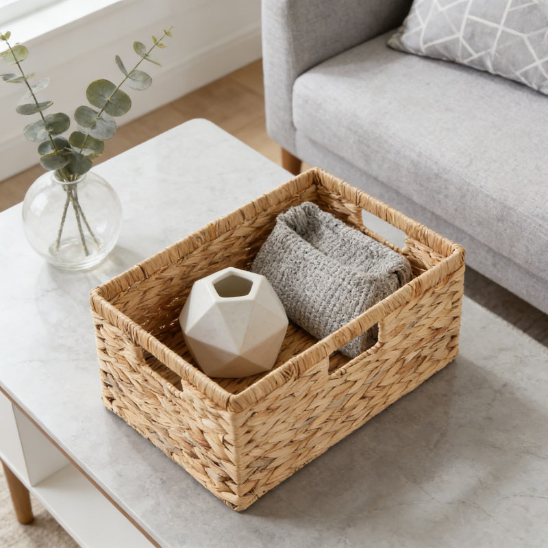 Paniers de rangement en osier avec poignées, bacs de rangement tissés imperméables pour tablettes, conception en rotin de plastique durable pour garde-manger, salle de bain et décoration intérieure