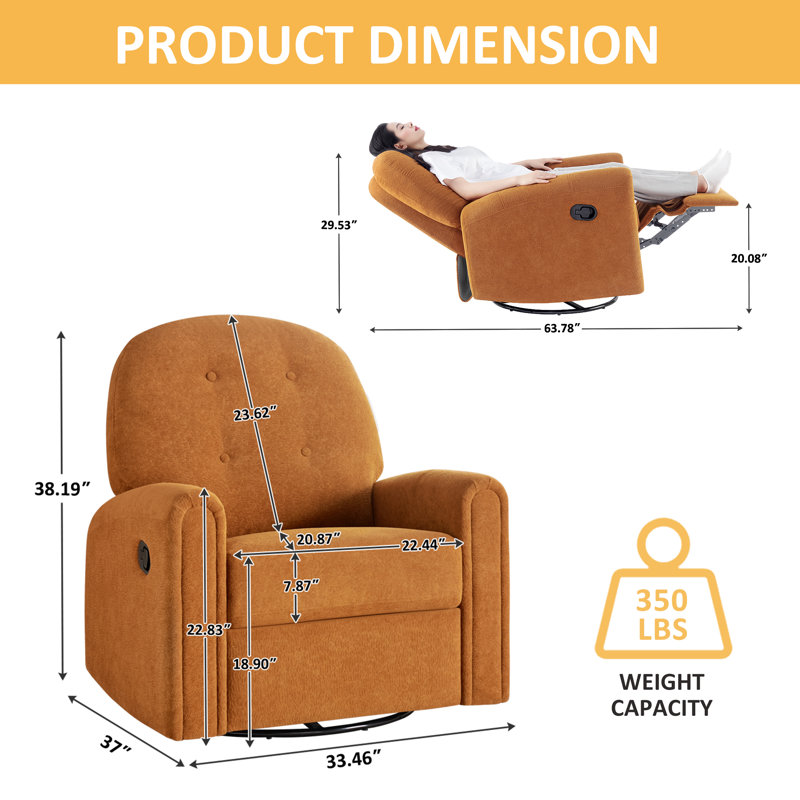 33.46’’ Nursery Rocking Chair, Upholstered Swivel Recliner, Curry