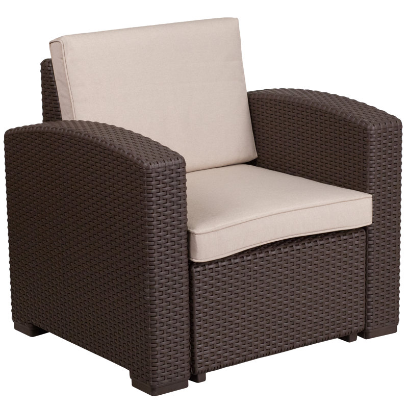 Alderman Faux Rattan Chair with All-Weather Cushion, Chocolate Brown/Beige