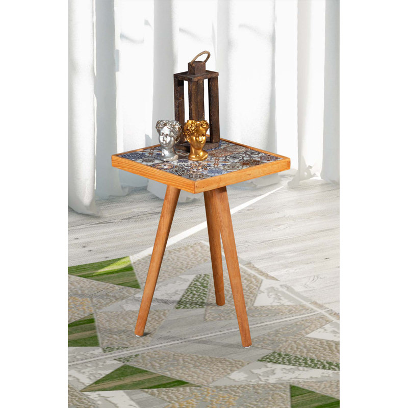 Canora Grey Side Coffee Table End Table Accent Table Home Essentials Solid Wood Tile Ceramic Table, Beech