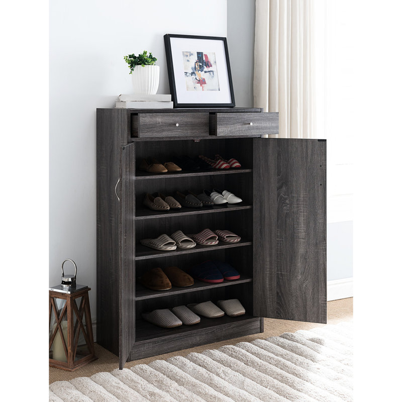 Armoire à chaussures à deux portes - finition grise, tiroirs, convient à 15 paires de rangement avec portes et tiroirs