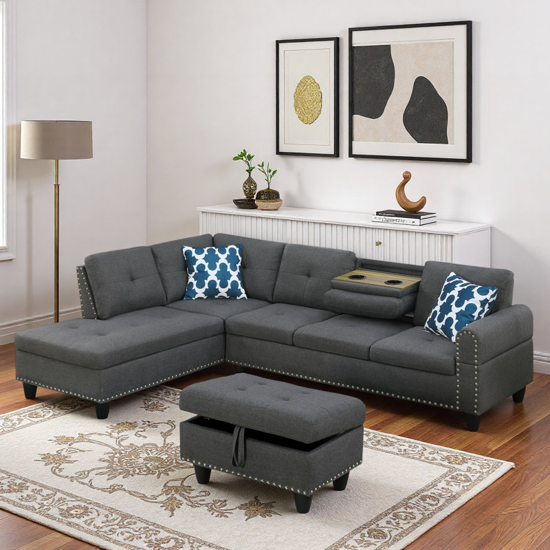 Linen Fabric L - Shaped Sectional Sofa With Nailhead Trim And Cup Holders And Storage Ottoman, Dark Gray