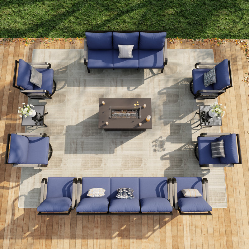 Ensemble de meubles de patio en métal 11 pièces avec table de feu, ensemble de conversation d'extérieur pour la cour arrière, coussins bleus 11 pièces