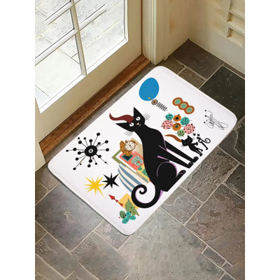 Playful Black Cat & Abstract Element Bath Rug For Bathroom，16 X 24