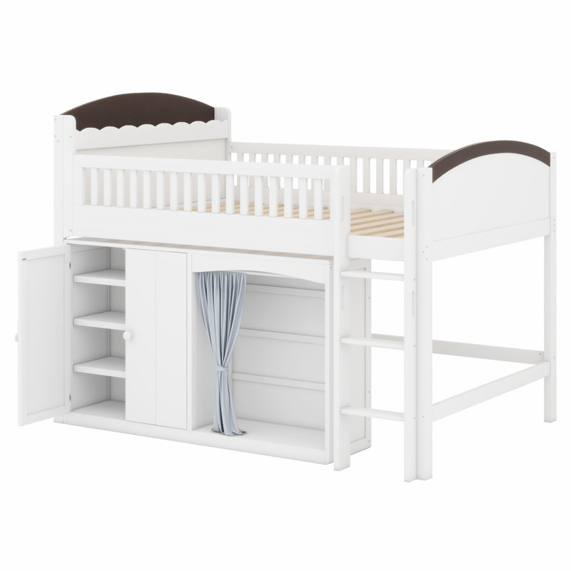 Space-Saving Loft Bed with Built-in Wardrobe, Storage Cabinet & LED, White+Espresso