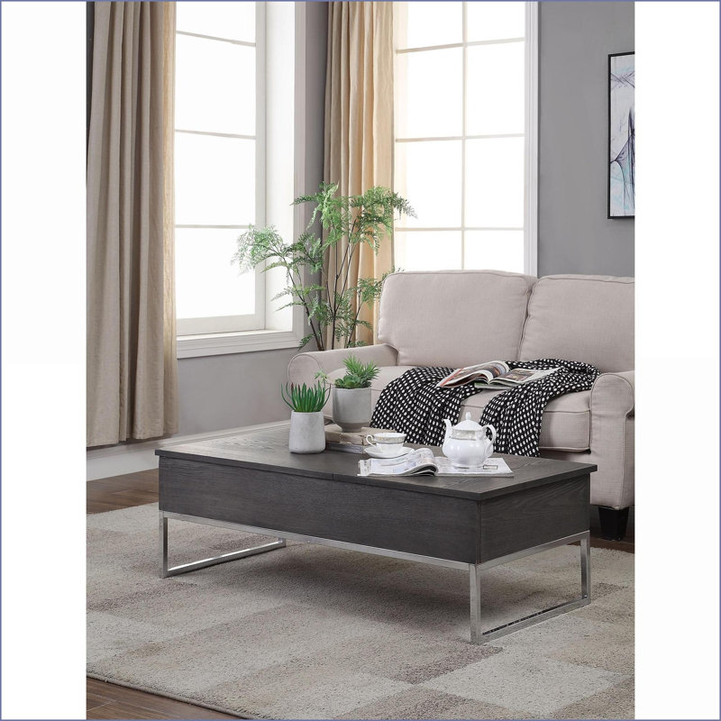 Chêne gris & amp; Table basse chromée à plateau relevable avec rangement caché, pièce de salon spacieuse